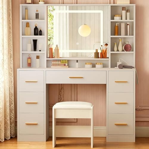 YUNSCEND White Vanity Desk with LED Lighted Mirror and Power Outlet,39.37" Makeup Vanity Table Set with 7 Drawers 6 Open Shelves 3 Color Lighting Mode Dressing Table for Women Bedroom Dressing Room thumbnail 8