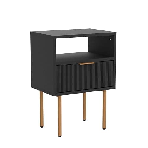 Masupu Nightstand,Mid-Century Modern Bedside Table with Storage Drawer and Open Wood Shelf,Small Gold Frame Side Table for Bedroom,Living Room,Black thumbnail 5