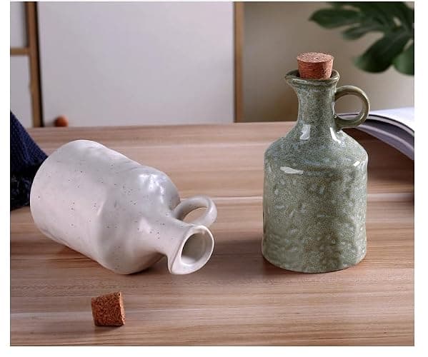 MuyuRise Ceramic Olive Oil Dispenser with Cork Stopper, Reactive Glaze Texture Oil Bottle, Leak - Proof Small Spout for Kitchen, Great for Storing Vinegar, Wine, Soy Sauce, Lemon Juice (GREEN) thumbnail 5