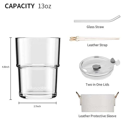 BLUEPOLAR 13oz/400ml Glass Water Tumbler with Straw and Lid Sealed Carry on Thick Wall Iced Coffee Cup for Water, Iced Tea, Fruit Juice (White with Sleeve and Strap) thumbnail 3