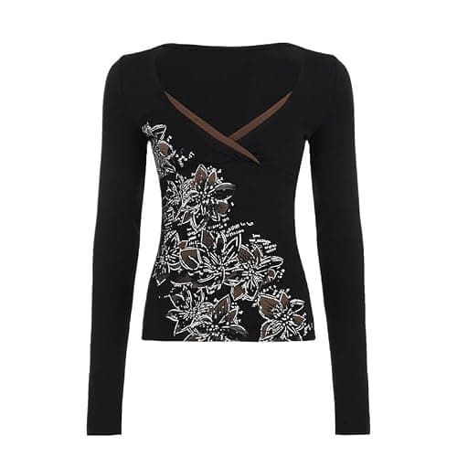 Y2k V Neck Floral Tops Women Fairy Grunge Vintage Long Sleeve Top 2000s Emo Graphic Cute Teen Girls Clothe thumbnail 4