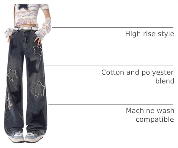 Lafaguw Star Jeans for Women Girls High Waisted Cute Patchwork Y2K Pants | Girls Baggy Jeans,Women Preppy Y2K Pants,Loose Straight Leg,Frayed Star Patchwork,Retro Washed thumbnail 4