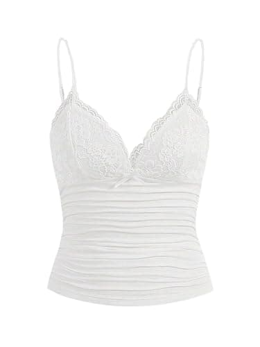 LOFAAC Women Sexy Y2K V Neck Lace Patchwork Cami Shirt Cute Slim Fit Sleeveless Spaghetti Strap Going Out Camisole Tank - Image 1