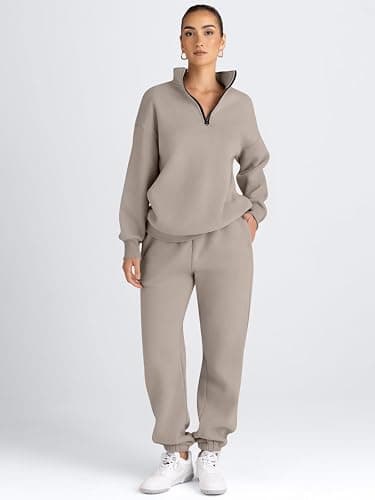 AUTOMET Women's Sweatsuits 2 Piece Outfits Lounge Sets Long Sleeve Half Zip Pullover and Baggy Sweatpants with Pockets thumbnail 2