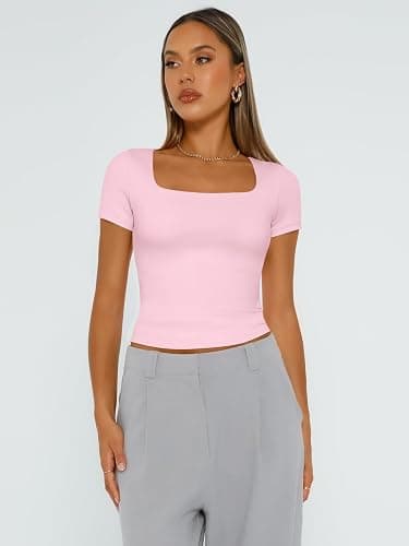Trendy Queen Double Lined Tops for Women Square Neck Cute Going Out Short Sleeve Shirts Spring Summer Crop Tops Teens Tees thumbnail 2
