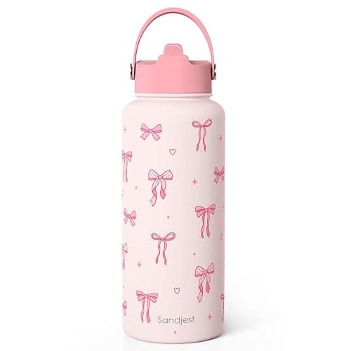 SANDJEST Coquette Bow Gift for Women, Water Bottle Stainless Steel 32oz with Lid & Straw, Pink Bows Aesthetic Insulated Bottles Gifts for Girls Friends Teens Birthday Christmas - Image 1