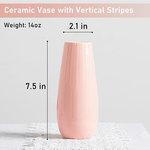 Pink Ceramic Vase, 7.5 Inch Flower Vase with Vertical Stripes for Pampas Calla Lily Tulip, Minimalism Modern Style for Housewarming, Weddings, Birthday, Christmas, Thanksgiving, New Year thumbnail 3