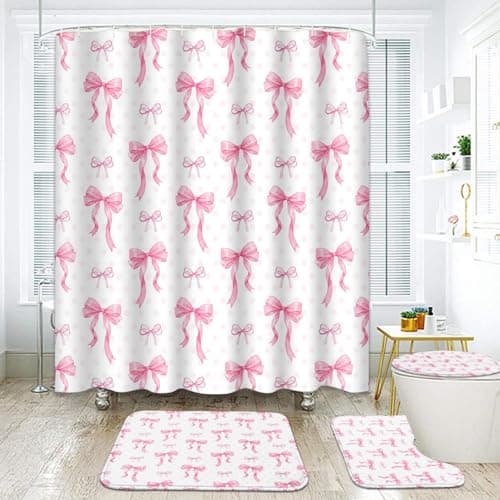 Arttown Pink Bows Bathroom Set with Shower Curtain and Rugs and Accessories, Aesthetic Polka Dot Watercolor Girly Shower Curtains, Modern Bathroom Decor 4 Pcs - Image 1