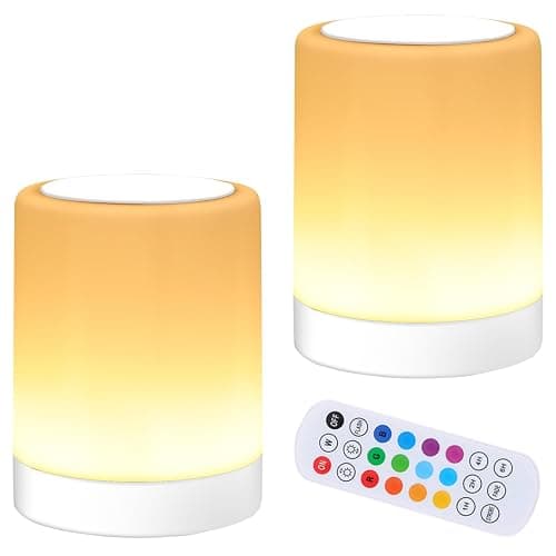 OORUN Touch Bedside Table Lamp,13 RGB Colors & 5 Brightness, USB Rechargeable Desk Lamp, Remote Control Dimmable Night Light with RGB Color Changing,Portable Lamp for Baby (2 Pack White) - Image 1