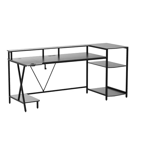 SEDETA Gaming Desk 70.8'' with LED Lights and Storage Shelves, Computer Desk with Monitor Stand, Power Outlets and Cup Holder, Large PC Gamer Desk, Gaming Table for Bedroom, Living Room, Black thumbnail 4