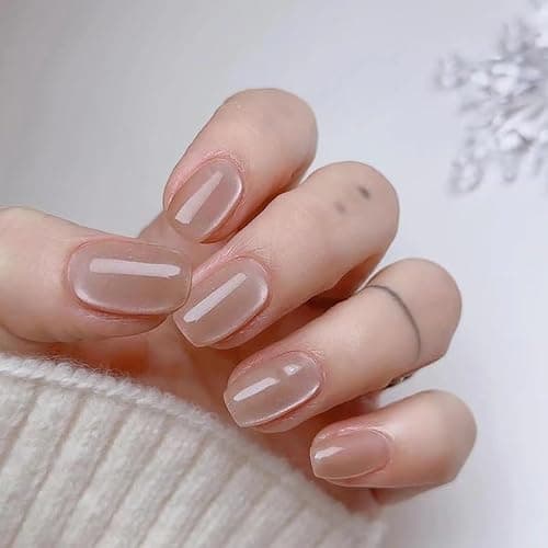 Square Press on Short Glossy Fake Nude Acrylic Nails - Shiny Ombre False Glossy Gel Glue on Squoval Stick on for Women Girls - Decoration 24 Pcs - Image 1