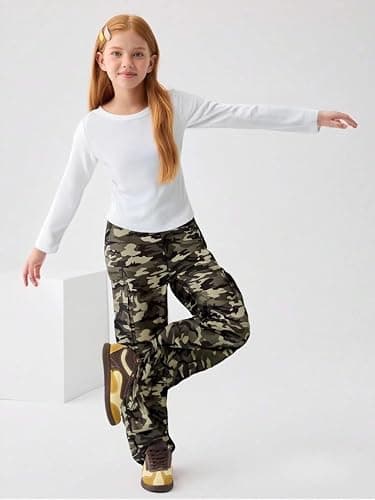 Azmxynol Girls Clothes 2 Piece Outfit Ribbed T-Shirt Top + Cargo Pants, Girls Fall Clothing Set, Sizes 5-16 Years thumbnail 2