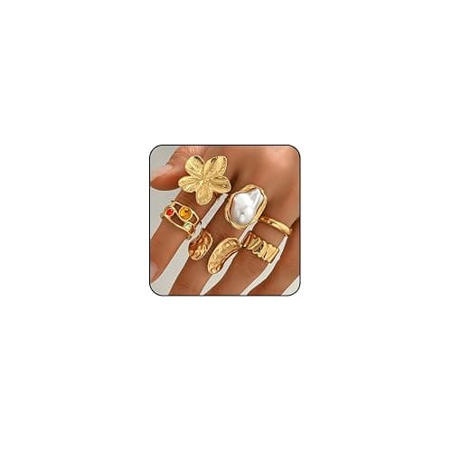 cotwdi Chunky Gold Rings for Women Non Tarnish Adjustable Gemstone Pearl Flower Rings for Women Statement Silver Ring Stacking Knuckle Ring Chunky Gold Jewelry - Image 1