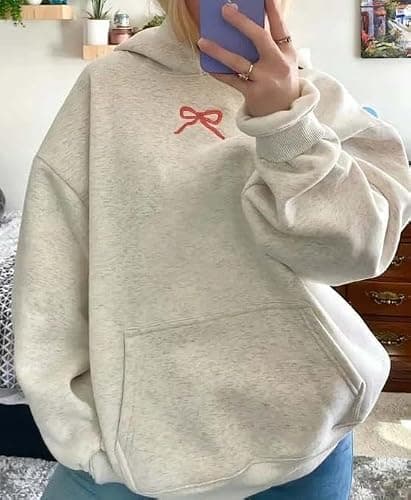 Pinclodly Hoodies for Teen Girls Long Sleeve Cute Sweatshirts Hooded Embroideried Bow Sweatshirt Preppy Clothes Fall Winter thumbnail 3