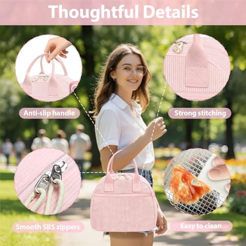 CetyVoyie Insulated Lunch Bag for Women, Reusable Lunch Box Cute Corduroy Lunch Tote Large Capacity Cooler Bags for Work Picnic(PP Pink) thumbnail 2