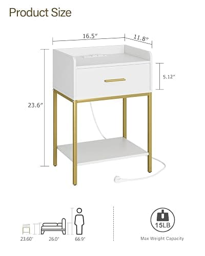 Masupu Nightstand with Charging Station,3-Tier Modern Bedside Night Stand with Storage Drawer and Shelf,Small End Side Table for Bedroom,Living Room,White thumbnail 2