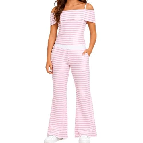 Girls 2 Piece Outfit Off Shoulder Fitted Striped Top & Flare Pants Set | Cute Summer Matching Clothes with Bell Bottom Pants, Casual Vacation Outfit for Tween Girls 7-14 Years - Image 1