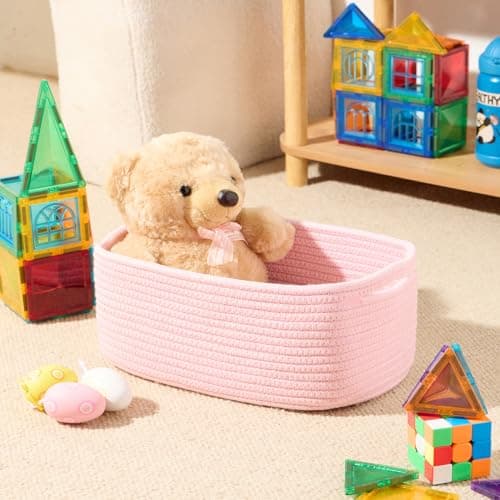 MiniArk Small Storage Baskets for Organizing | Closet Organizer Bins | Shelf Toy Basket | Woven Rope Baskets | Cube Decorative Box | Shallow Basket | 13x8.5x5.1” | 4 Packs Light Pink thumbnail 4