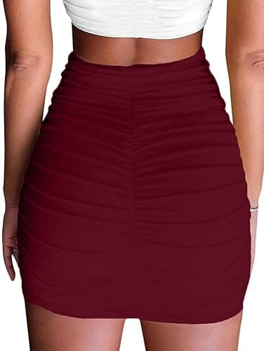 eoeoo Women's Stretch High Waist Ruched Bodycon Double Layer Casual Mini Skirt - Large - Wine Red thumbnail 4