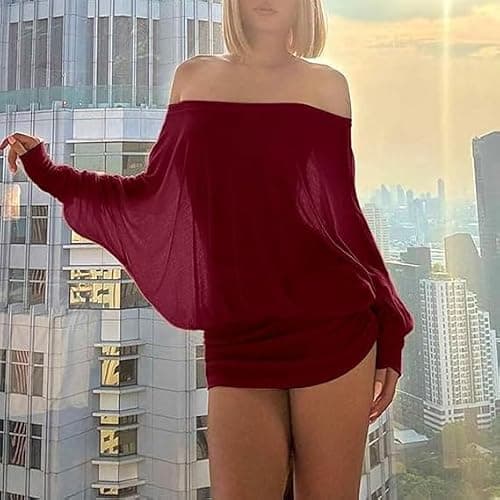 Chvity Women's Fashion Sheer Off The Shoulder Mini Dress Loose Batwing Ruched Casual Party Club Night Out Dress thumbnail 4