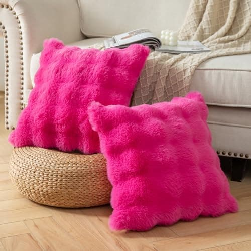 Yaertun Pack of 2 Hot Pink Thick Soft Wool Decorative Throw Pillow Covers 18x18 Inch Faux Fur Plush Fluffy Cushion Covers for Sofa Couch Bedroom thumbnail 4