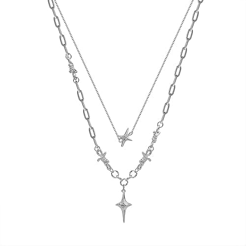 Buyongwant Star Necklace for Women Irregular Y2k Pendant Four pointed Star Double Layer Chain Fashion Jewelry Silver - Image 1