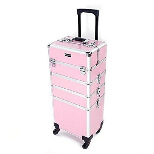 mefeir 4 in 1 Rolling Makeup Train Case, Aluminum Makeup Travel Organizer Cosmetic Case, Cosmetology Display Suitcase on Wheels, Beauty Storage Luggage Lockable w/4 Removable Wheels (Pink) - Image 1