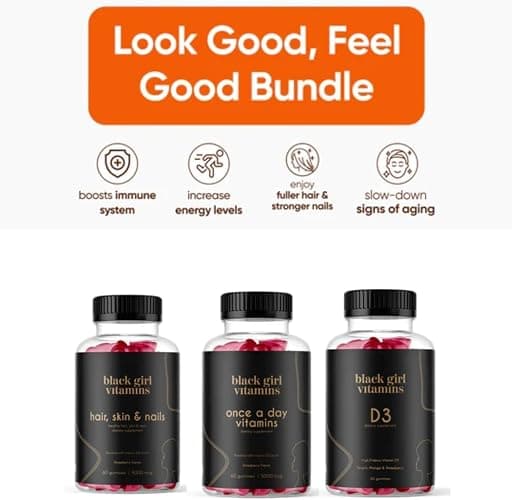 Black Girl Vitamins Look Good Feel Good Bundle – Hair Skin & Nails, Vitamin D3 2000IU & Once a Day Multivitamin - Women's Supplement Bundle – Energy, Immunity & Beauty Support thumbnail 2