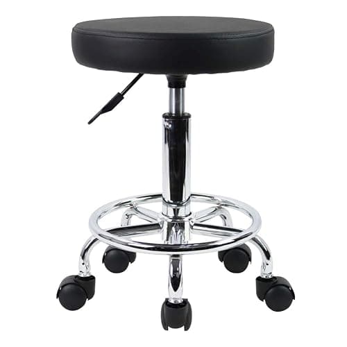 KKTONER PU Leather Round Rolling Stool with Foot Rest Swivel Height Adjustment Spa Drafting Salon Tattoo Work Office Massage Stools Task Chair Small (Black) - Image 1