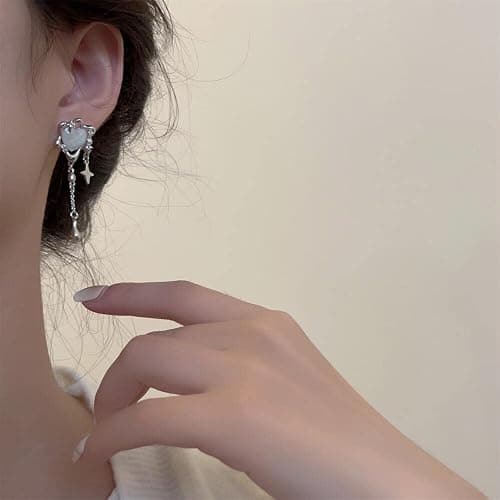 Moonstone Heart Stainless Steel Earrings For Women Teen Girls Tassel Silver Star Dangle Earrings Dangling Y2k Earinging Earrings thumbnail 5