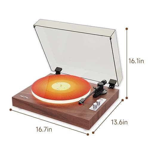 WhatPlus Bluetooth Record Player with Speakers and Illuminated Platter | Vintage wooden design with RCA output and 3.5mm input, ideal for home listening and decor. thumbnail 6