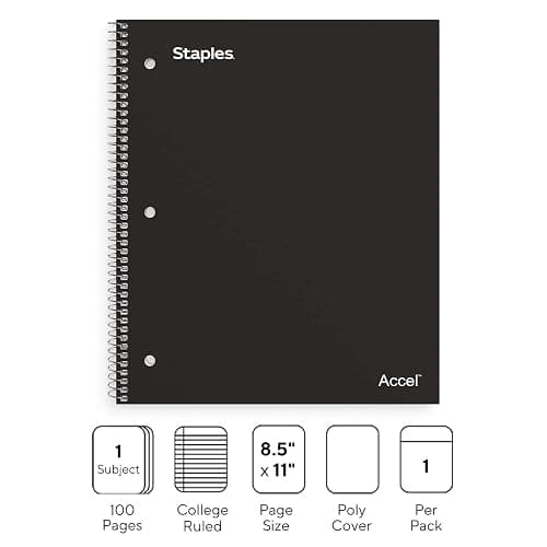 Staples Accel 1-Subject Notebook, 8.5x11 Inch, College Ruled, Black | 100 sheets for school, office, and everyday note-taking and writing. thumbnail 4