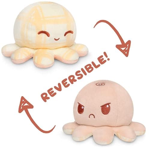 TeeTurtle - The Original Reversible Octopus Plushie - Tan Plaid + Peach - Cute Sensory Fidget Stuffed Animals That Show Your Mood 4 inch thumbnail 3
