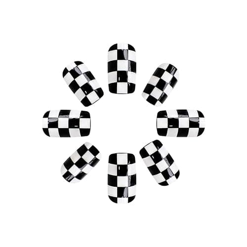 IMRAIN Press on Nails Short Square Fake Nails Black White Checkered Pattern Designs Glossy Full Cover Artificial False Nails Gel Stick on Acrylic Nails for Women 24PCS thumbnail 3