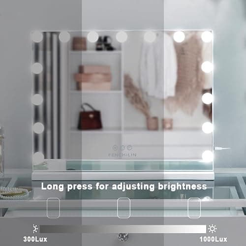FENCHILIN Specchio Trucco con Luci Specchio Trucco con 15 Lampadine LED USB-C&A Porta di Ricarica da Parete Tavolo controllo touch 3 temperature di colore Specchio Hollywood 58x46cm thumbnail 5