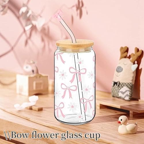 Nymora 2 Bow Glass Cups with Lids and Straws - Glass Tumbler with Straw, Lid and Silicone Covers, Gift for Birthdays, Christmas, Back to School (Bow & Flowers) thumbnail 6