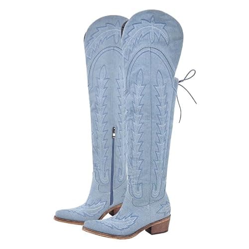 sexytag Cowgirl Boots Thigh High Wide Calf Embroidered Western Cowboy Boots - Image 1