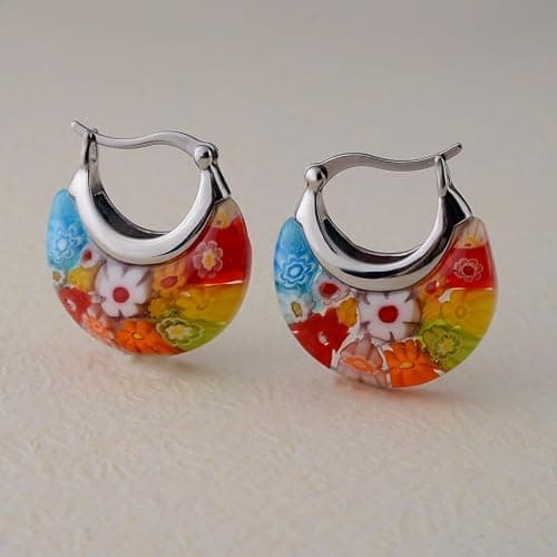 Murano Style Glass Hoop Earrings for Women Multicolored Dry Flower Moon Earrings Classic Stainless Steel Gift for Her thumbnail 6
