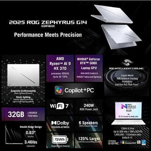 ASUS ROG Zephyrus G14 14" 3K OLED 120Hz Gaming Laptop Copilot+ PC AMD Ryzen AI 9 HX 370 RTX 5080 32GB RAM 2TB SSD Platinum White thumbnail 8