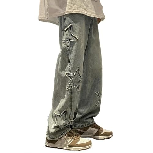 Y2K Vintage Men Korean Blue Streetwear Oversize Star Aesthetic Straight Trousers Wide Leg Jeans Grunge Denim Pants - Image 1