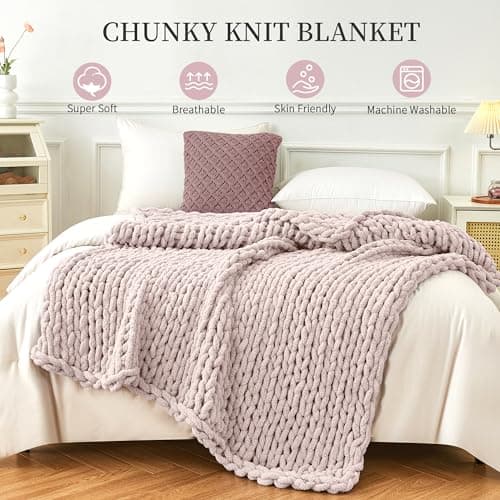 Admitrack Chunky Knit Blanket Throw, 100% Hand Knit Chenille Throw Blanket for Sofa & Home Decor, Soft and Cozy Knitted Throw Blankets (Pink，51"x63") thumbnail 6