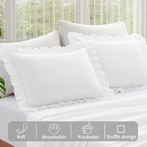 KKJIAF Ruffle Pillow Cases Standard Size Set of 2, Ruffled Pillow Covers with Envelope Closure, Wrinkle Resistant Pillowcases 20" x 26", Ruffled Pillow Shams, White thumbnail 4