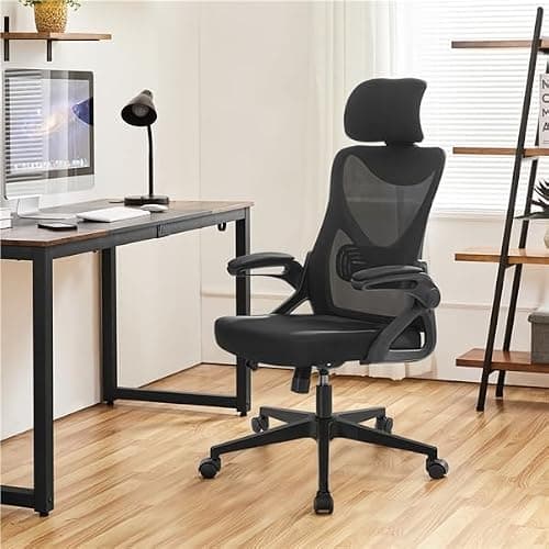 Yaheetech Chaise de Bureau en Maille avec à Haut Dossier avec Accoudoirs Relevables Appui-tête Support Lombaire Assise Réglable en Hauteur Charge Max 136kg Noir thumbnail 2