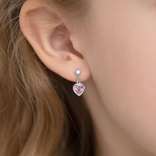 In Season Jewelry CZ Dangle Heart Kids Earrings - 925 Sterling Silver Hypoallergenic Earrings for Girls with Secure Screw Backs - Safe & Comfortable for Toddlers, Kids & Little Girls thumbnail 3