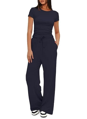 Darong Women's 2 Piece Set Outfits Lounge Sets Ruched Short Sleeve Tops High Waisted Wide Leg Pants Tracksuit Sets - Image 1