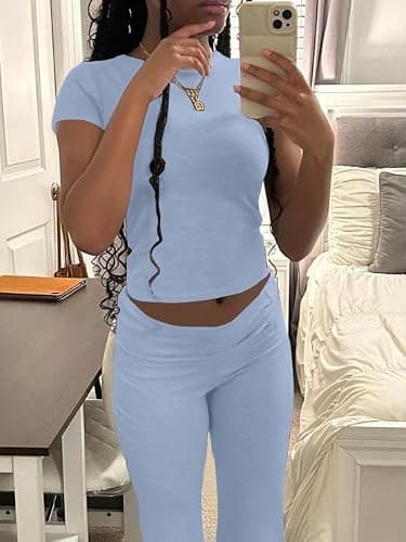 AYWA Women's 2 Piece Lounge Sets Short Sleeve Crop Top Foldover Flare Pants Casual Pajama Outfits thumbnail 2