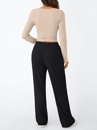 Trendy Queen Women's 2 Piece Matching Lounge Set Long Sleeve Side Ruching Top Wide Leg Drawstring Pants Set with Pockets thumbnail 4