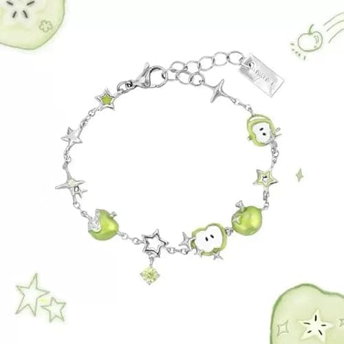 Green Apple Charm Bracelet for Women, Dainty Apple Jewelry with Star Accents, Adjustable Link Chain Bracelets Delicate Silver-Toned Stackable Trendy Jewelry thumbnail 9
