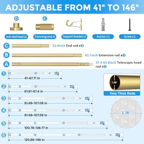 SISELBA Tension Curtain Rod 42-144 Inches, No Drill Adjustable Spring Tension Rod, Push Button to Lengthen & Release to Lock, Heavy Duty Rust-Resistant for Window Living Room Closet Outdoor, Gold thumbnail 5