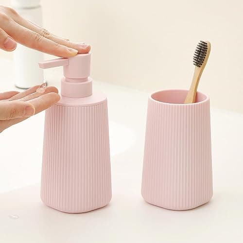 YAUKPH Bathroom Accessories 2 Piece Soap Dispenser and Toothbrush Holder Set Striped Pink thumbnail 2